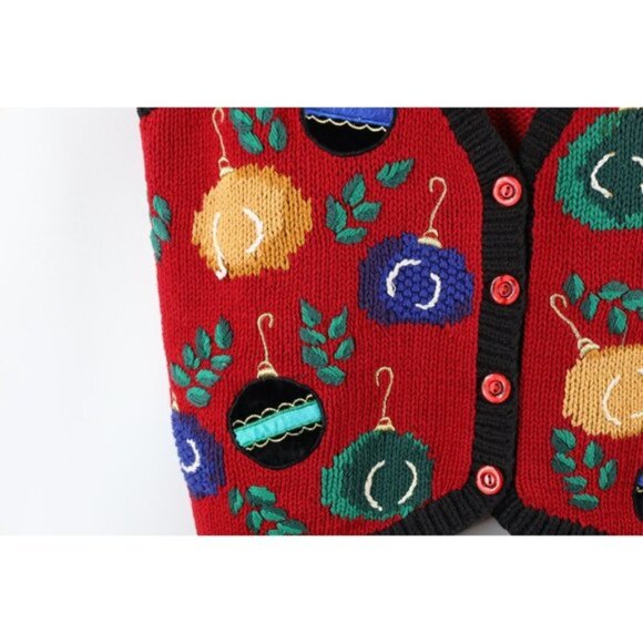 Vintage 90s Streetwear Medium Christmas Ornaments Knit Cardigan Sweater Vest - Picture 4 of 12